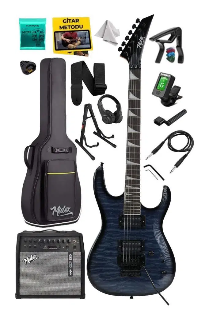 Midex Crade-50AMP Blue Rosewood Super Strat Kasa HH Yüksek Kaliteli 50W Amfili Elektro Gitar Seti