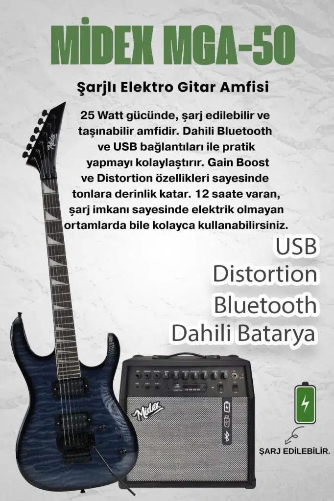 Midex Crade-50AMP Blue Rosewood Super Strat Kasa HH Yüksek Kaliteli 50W Amfili Elektro Gitar Seti