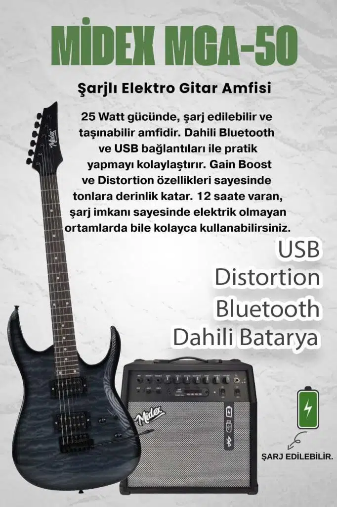 Midex Crade-50AMP Grey Rosewood Super Strat Kasa HH Yüksek Kaliteli 50W Amfili Elektro Gitar Seti