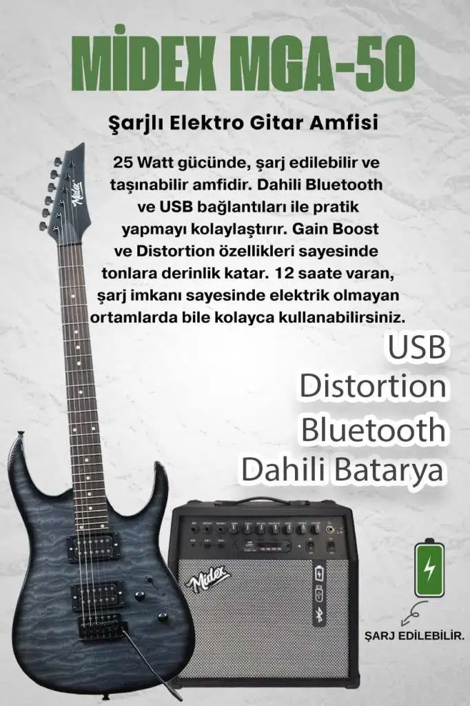 Midex Crade-50AMP Grey Rosewood Super Strat Kasa HH Yüksek Kaliteli 50W Amfili Elektro Gitar Seti