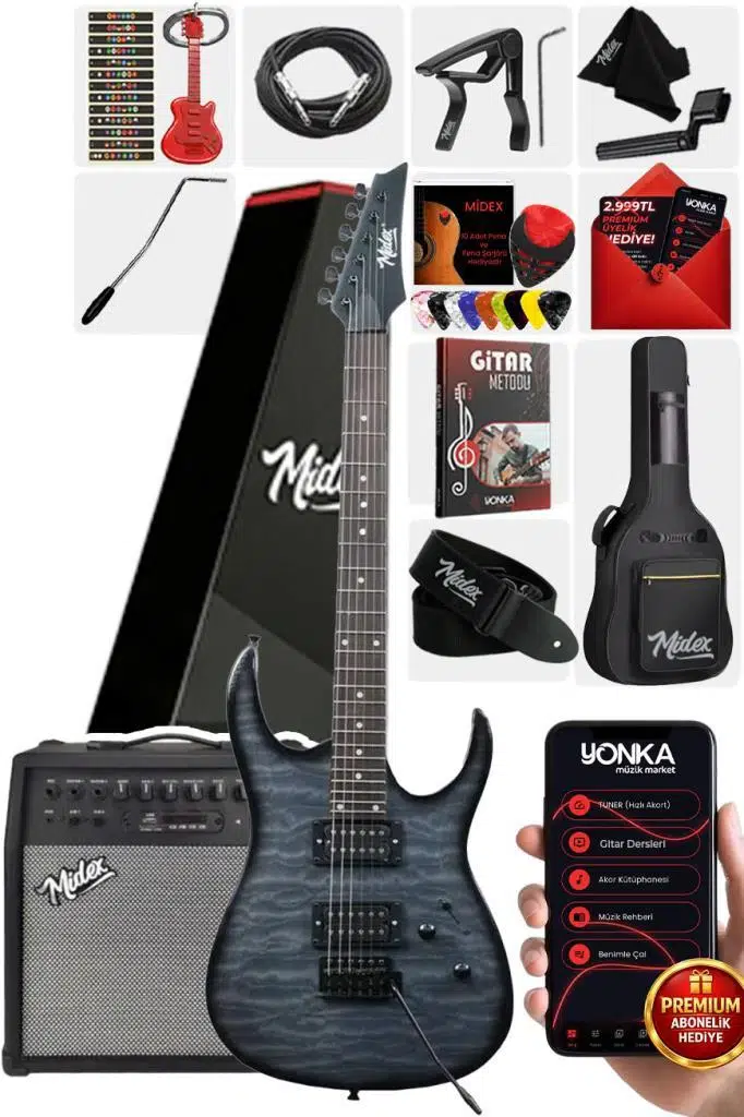 Midex Crade-50AMP Grey Rosewood Super Strat Kasa HH Yüksek Kaliteli 50W Amfili Elektro Gitar Seti