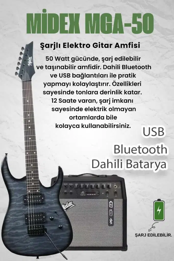 Midex Crade-50AMP Grey Rosewood Super Strat Kasa HH Yüksek Kaliteli 50W Amfili Elektro Gitar Seti
