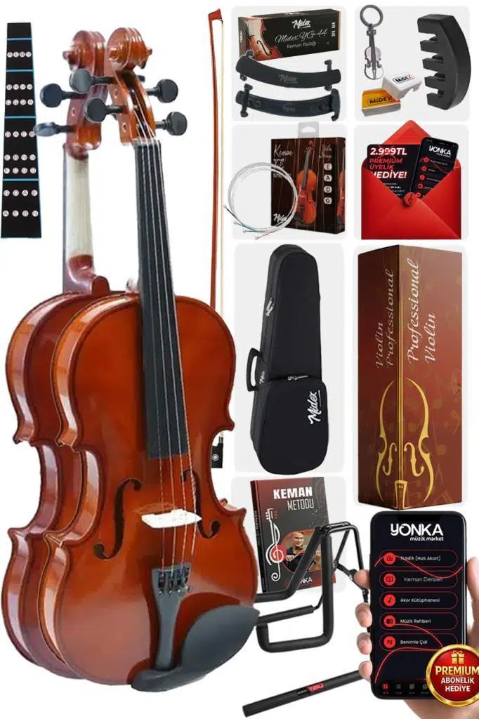 Midex CVL-744-STYS Profesyonel 4/4 Full Keman Seti (Yastık Stand Susturucu Reçine Çanta Tel Yay)