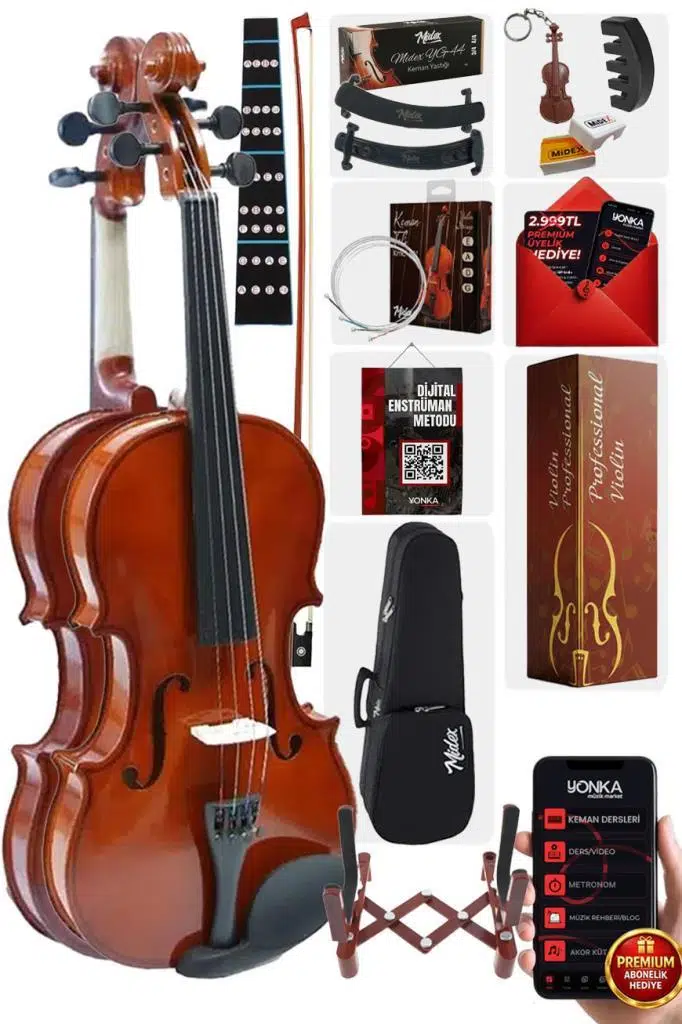 Midex CVL-744-STYS Profesyonel 4/4 Full Keman Seti (Yastık Stand Susturucu Reçine Çanta Tel Yay)