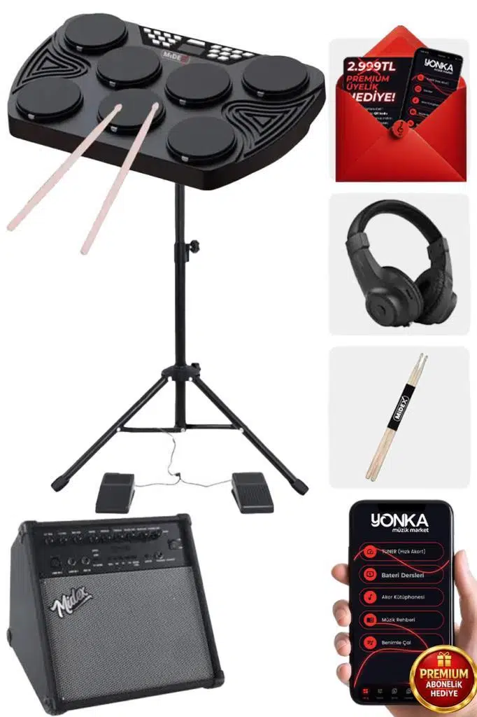 Midex DDX-105-70AMP 70W Amfili Dijital Davul Elektronik Bateri Seti (Davul Amfi Stand Kulaklık Baget)