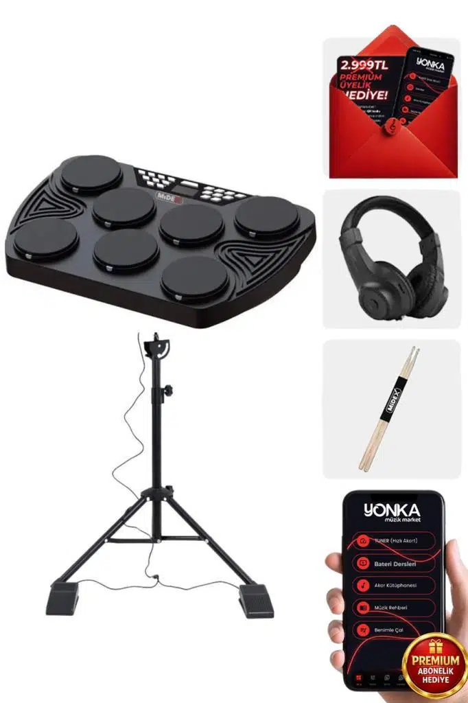 Midex DDX-105ST Profesyonel Standlı Dijital Davul Şarjlı Elektronik Bateri Bluetooth (Davul Stand Kulaklık Baget)