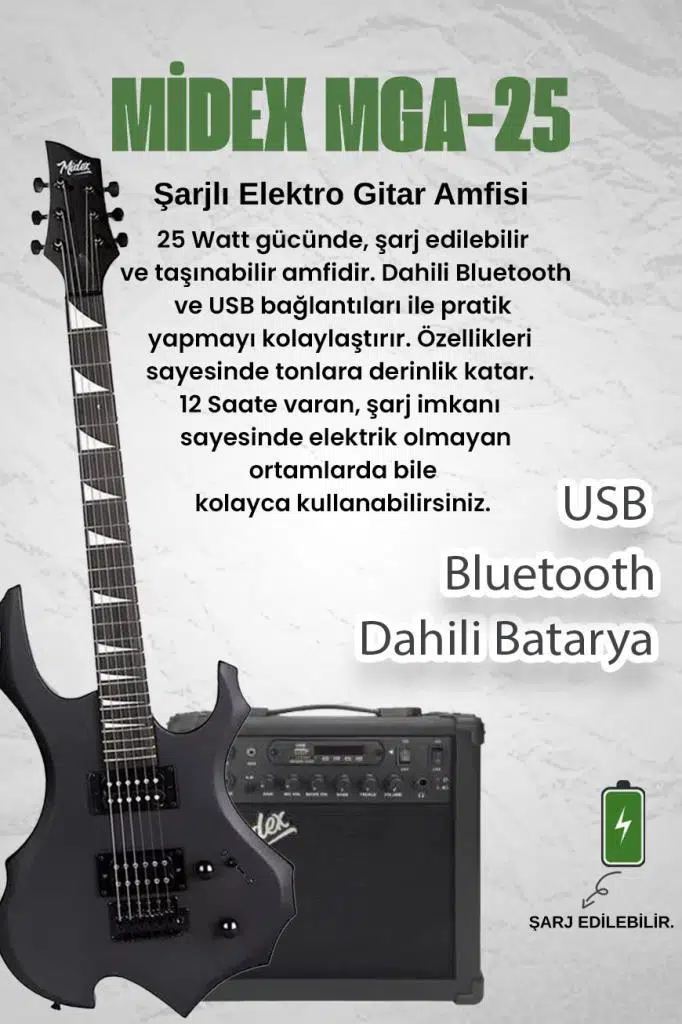 Midex Force-AMP25 Üst Seviye 25 Watt Amfili Elektro Gitar H-H Profesyonel Full Set Aksesuarlı