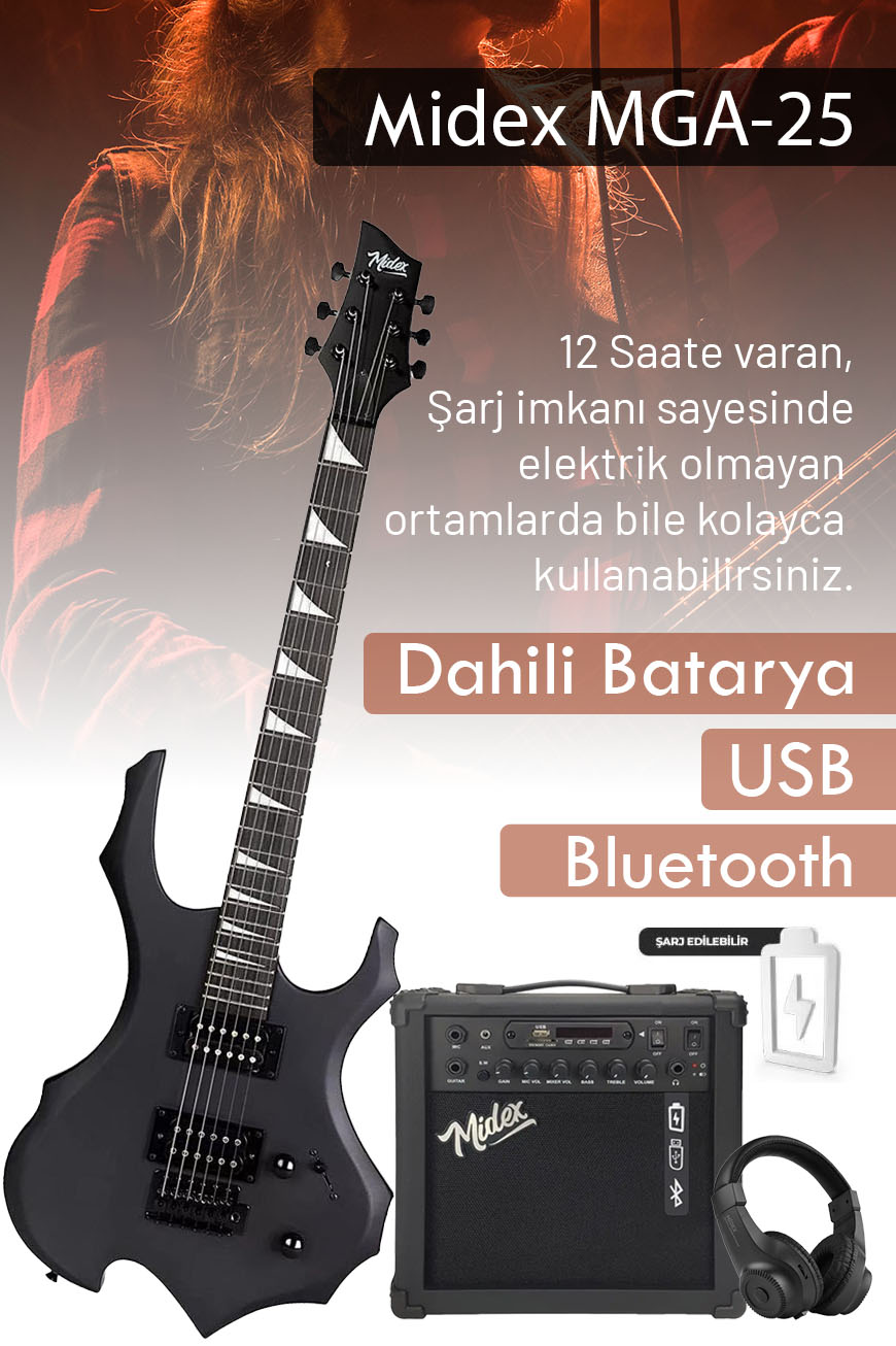 Midex Force-AMP25 Üst Seviye 25 Watt Amfili Elektro Gitar H-H Profesyonel Full Set Aksesuarlı