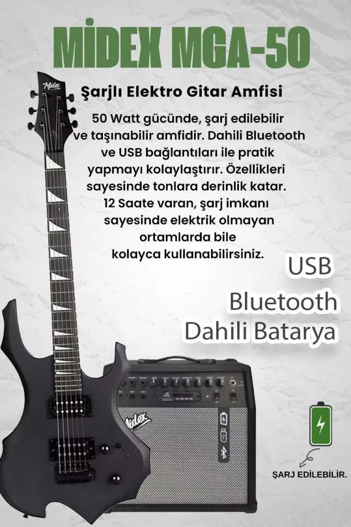 Midex Force-AMP50 Üst Seviye 50 Watt Amfili Elektro Gitar H-H Profesyonel Full Set Aksesuarlı