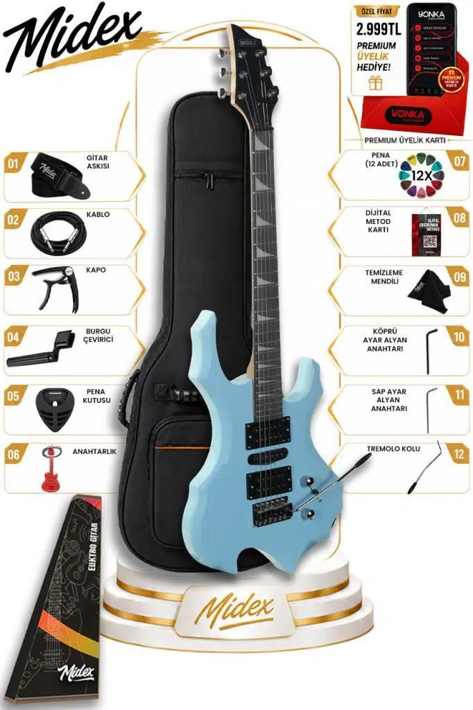 Midex Force-LTB Profesyonel Axel Kasa HSH Elektro Gitar Seti Turkuaz