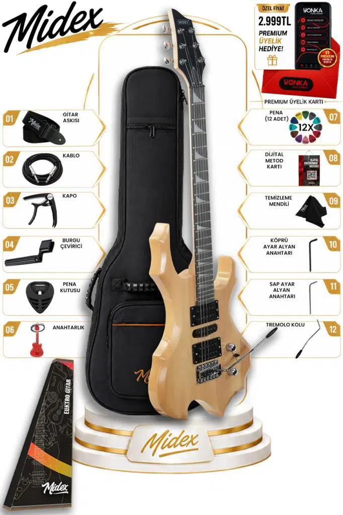 Midex Force-NT Profesyonel Axel Kasa HSH Elektro Gitar Seti Natural