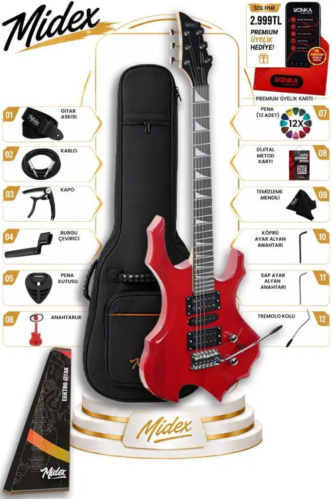 Midex Force-RD Profesyonel Axel Kasa HSH Elektro Gitar Seti Kırmızı