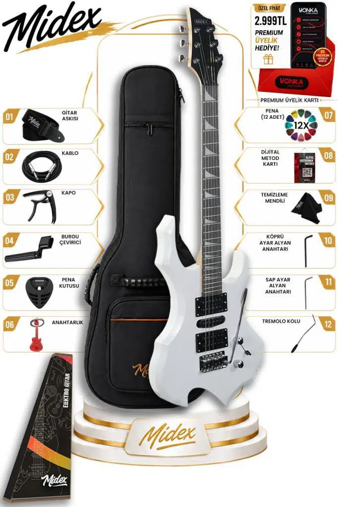 Midex Force-WH Profesyonel Axel Kasa HSH Elektro Gitar Seti Beyaz