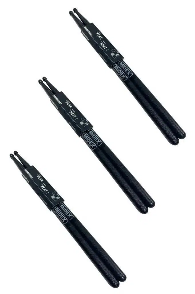 Midex GFK-801BK-3X 5A Bateri Baget Kırılmaz Polyemid Siyah Renk Davul Bageti 5A Drumsticks 6 Adet (3 Çift)