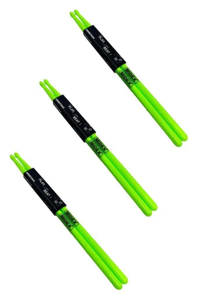 Midex GFK-801LGR-3X 5A Bateri Baget Kırılmaz Polyemid Açık Yeşil Renk Davul Bageti 5A Drumsticks 6 Adet (3 Çift)