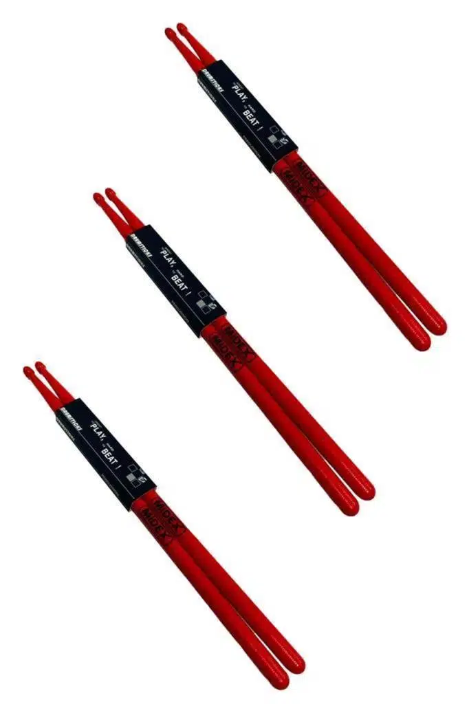 Midex GFK-801RD-3X 5A Bateri Baget Kırılmaz Polyemid Kırmızı Renk Davul Bageti 5A Drumsticks 6 Adet (3 Çift)