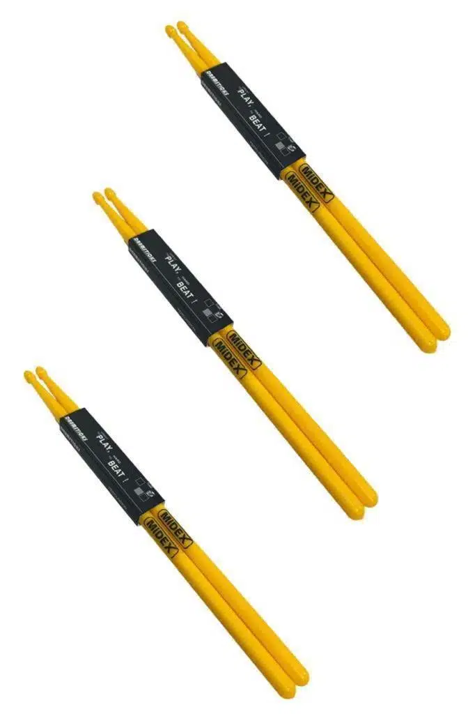Midex GFK-801YL-3X 5A Bateri Baget Kırılmaz Polyemid Sarı Renk Davul Bageti 5A Drumsticks 6 Adet (3 Çift)