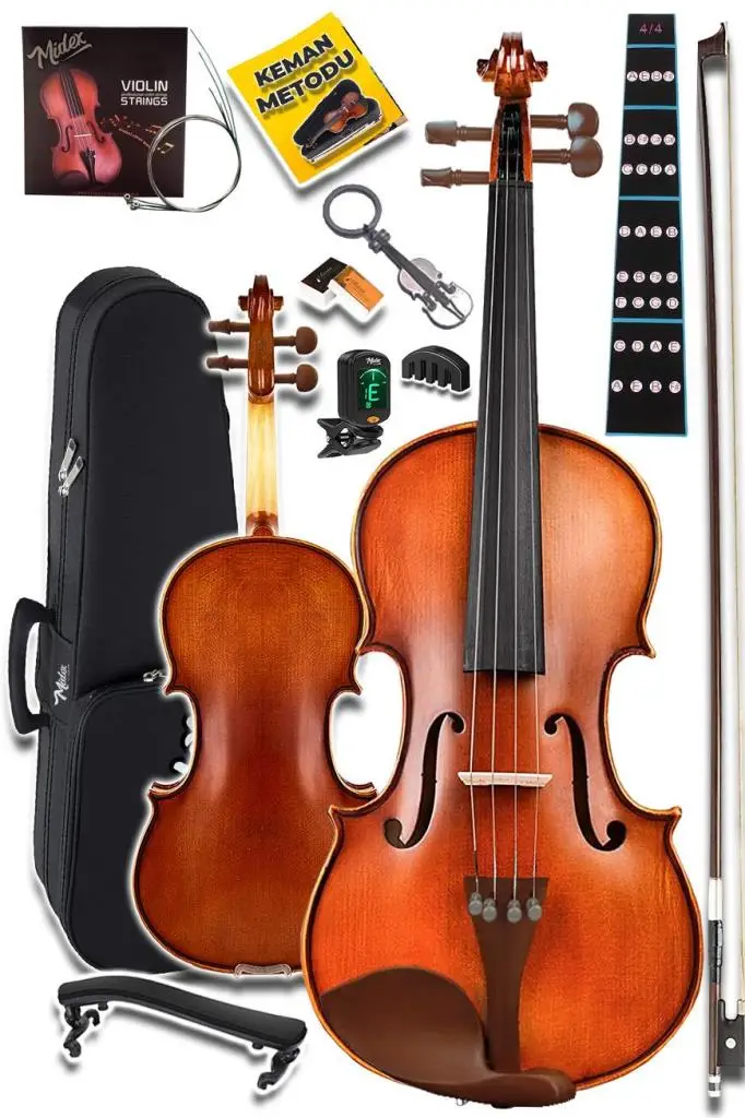 Midex GLA-124 Profesyonel Üst Kalite GÜL Ağacı Keman 4/4 Tam Boy (Yastık Tuner Yedek Tel Susturucu Çanta Yay Reçine)