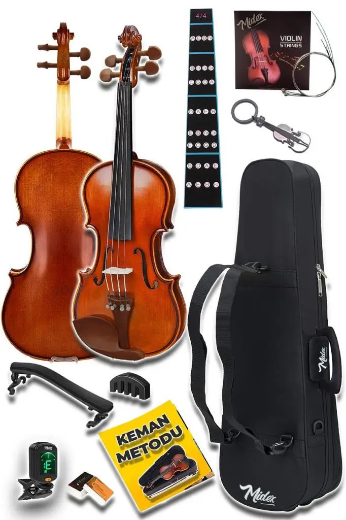 Midex GLA-124 Profesyonel Üst Kalite GÜL Ağacı Keman 4/4 Tam Boy (Yastık Tuner Yedek Tel Susturucu Çanta Yay Reçine)