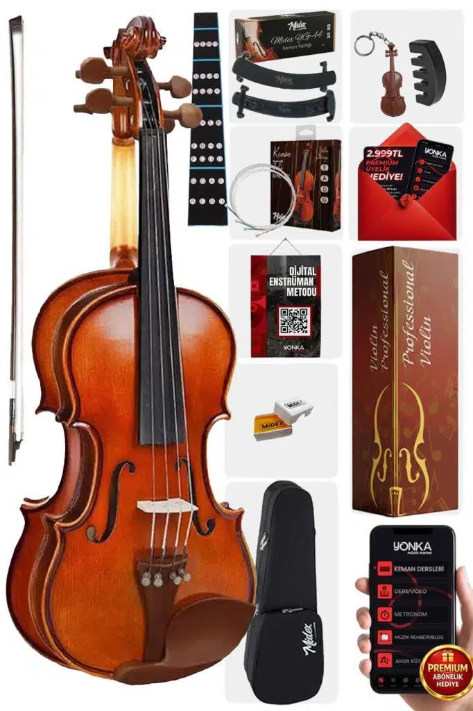 Midex GLA-124 Profesyonel Üst Kalite GÜL Ağacı Keman 4/4 Tam Boy (Yastık Yedek Tel Susturucu Çanta Yay Reçine)