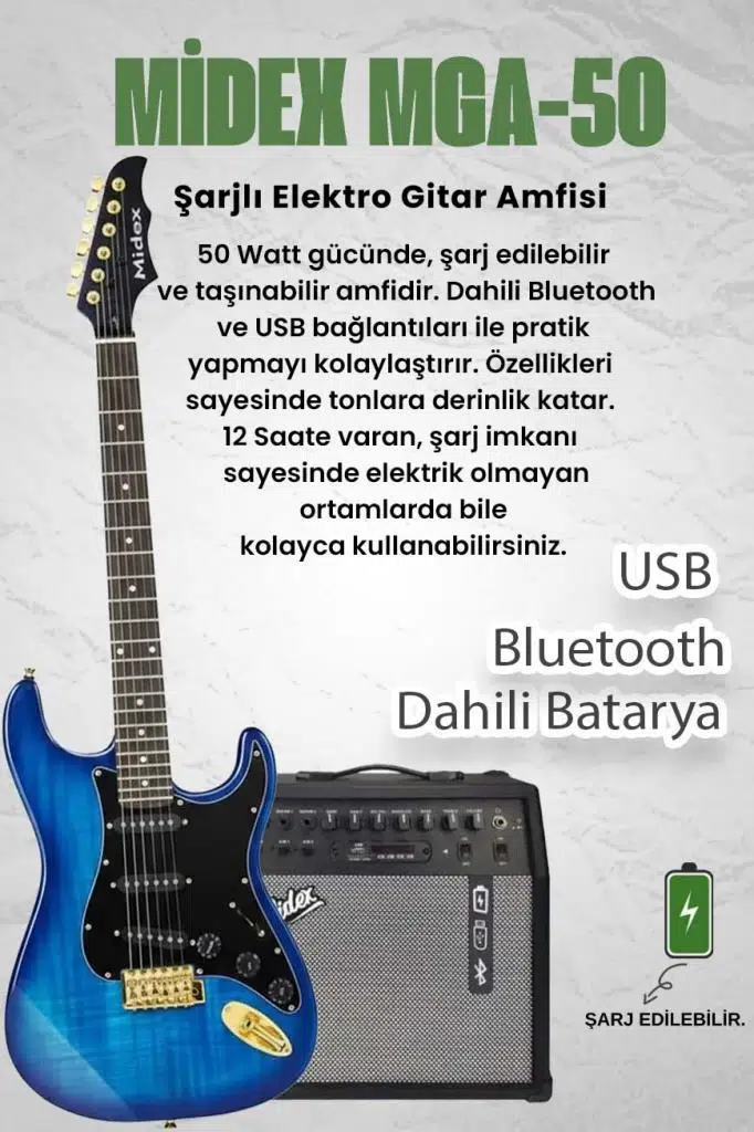 Midex GLC-40BL-50AMP Elektro Gitar Seti 50 WATT Şarjlı BT Amfi Full SET