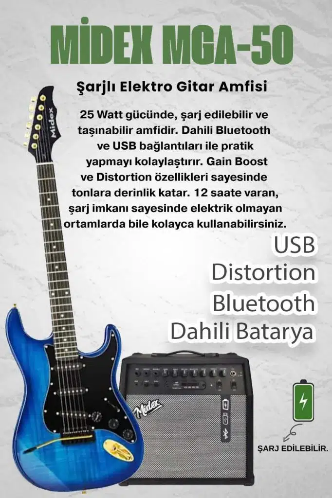Midex GLC-40BL-50AMP Elektro Gitar Seti 50 WATT Şarjlı BT Amfi Kulaklık ve Full SET