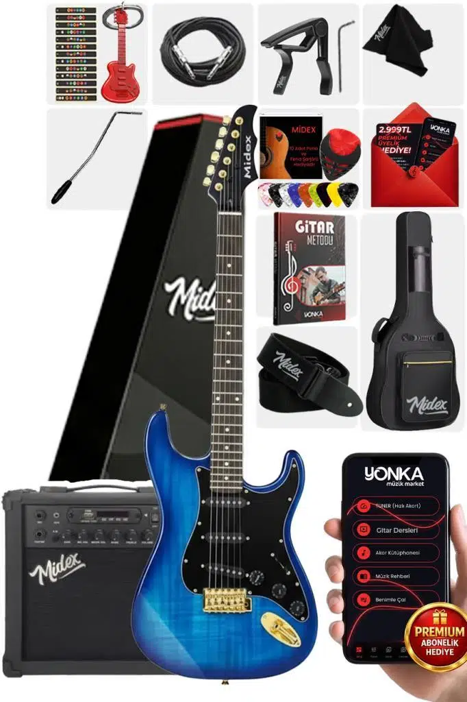 Midex GLC-40BL-AMP Elektro Gitar Seti 25 WATT Şarjlı BT Amfi Full SET
