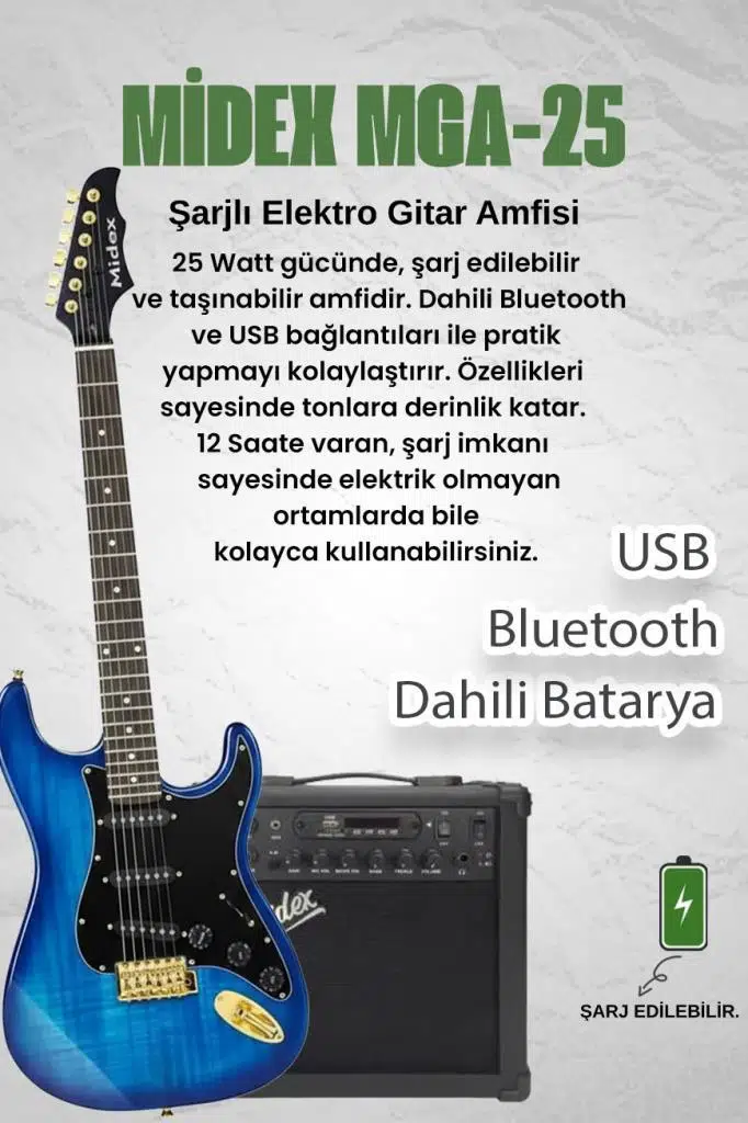 Midex GLC-40BL-AMP Elektro Gitar Seti 25 WATT Şarjlı BT Amfi Full SET