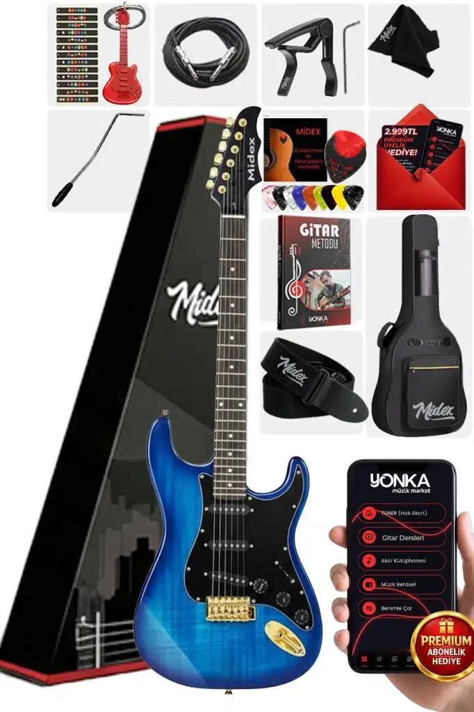 Midex GLC-40BL Profesyonel Elektro Gitar Mavi (Gigbag Askı Capo Pena Kablo)