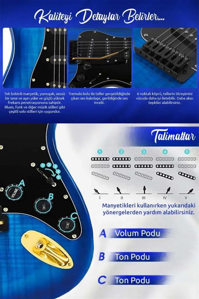 Midex GLC-40BL Profesyonel Elektro Gitar Mavi (Stand Gigbag Askı Capo Tuner Pena Kablo Yedek Tel)