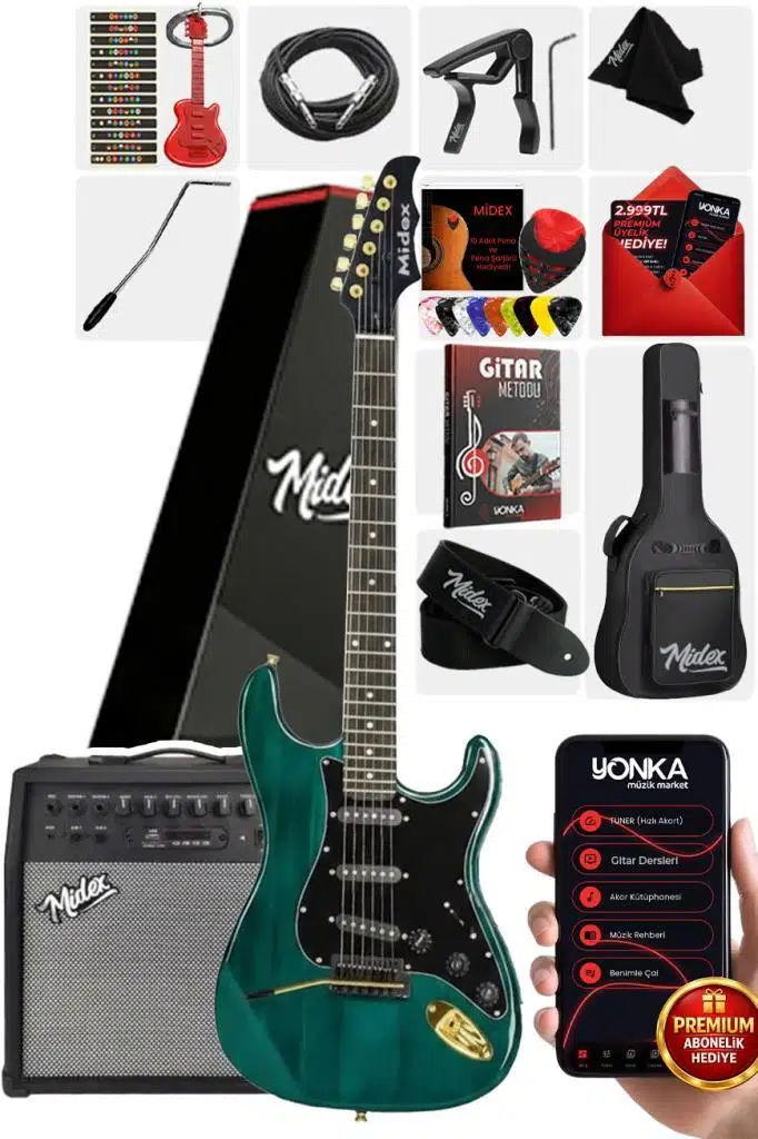 Midex GLC-40GR-50AMP Elektro Gitar Seti 50 WATT Şarjlı BT Amfi Full SET