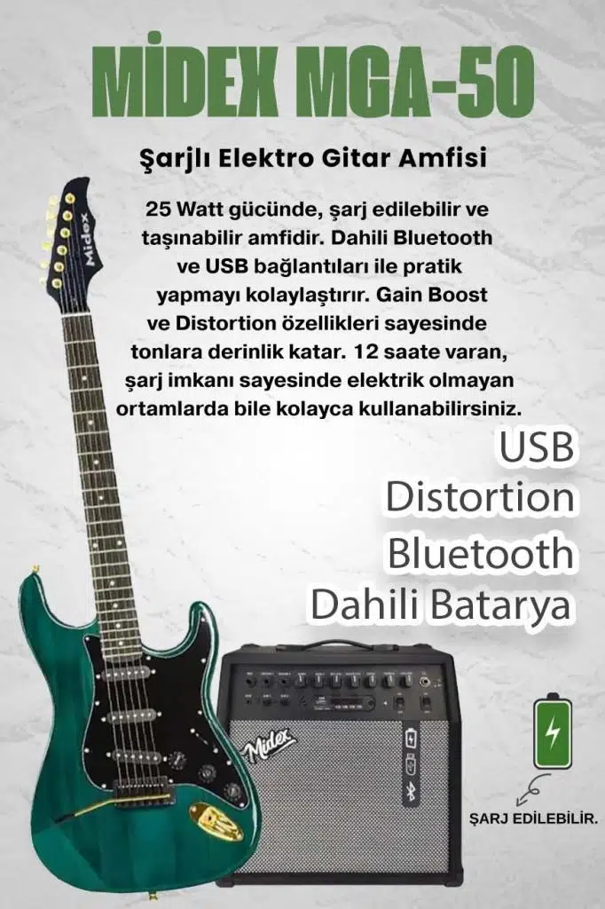 Midex GLC-40GR-50AMP Elektro Gitar Seti 50 WATT Şarjlı BT Amfi Kulaklık ve Full SET