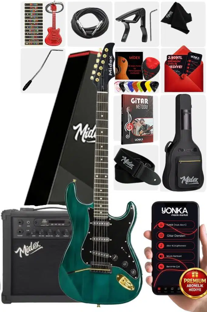 Midex GLC-40GR-AMP Elektro Gitar Seti 25 WATT Şarjlı BT Amfi Full SET