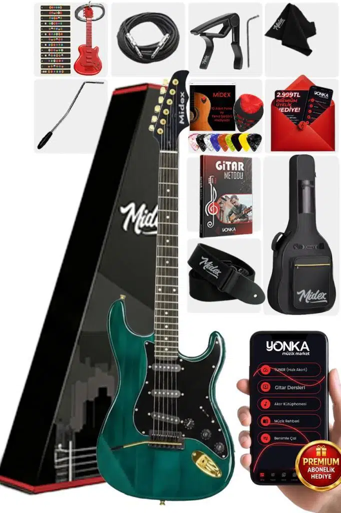 Midex GLC-40GR Profesyonel Elektro Gitar Yeşil (Gigbag Askı Capo Pena Kablo)