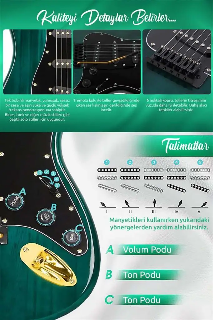 Midex GLC-40GR Profesyonel Elektro Gitar Yeşil (Stand Gigbag Askı Capo Tuner Pena Kablo Yedek Tel)