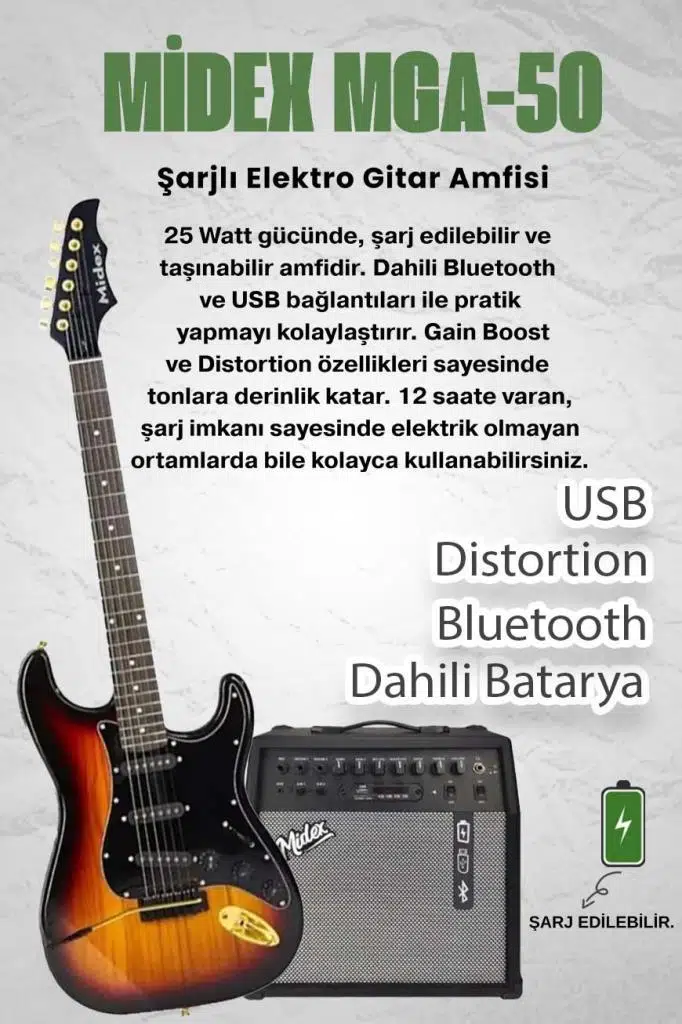 Midex GLC-40SB-50AMP Elektro Gitar Seti 50 WATT Şarjlı BT Amfi Kulaklık ve Full SET