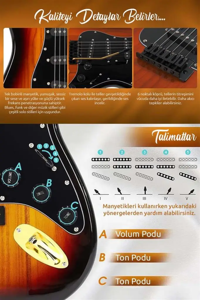 Midex GLC-40SB Profesyonel Elektro Gitar Sunburs (Stand Gigbag Askı Capo Tuner Pena Kablo Yedek Tel)