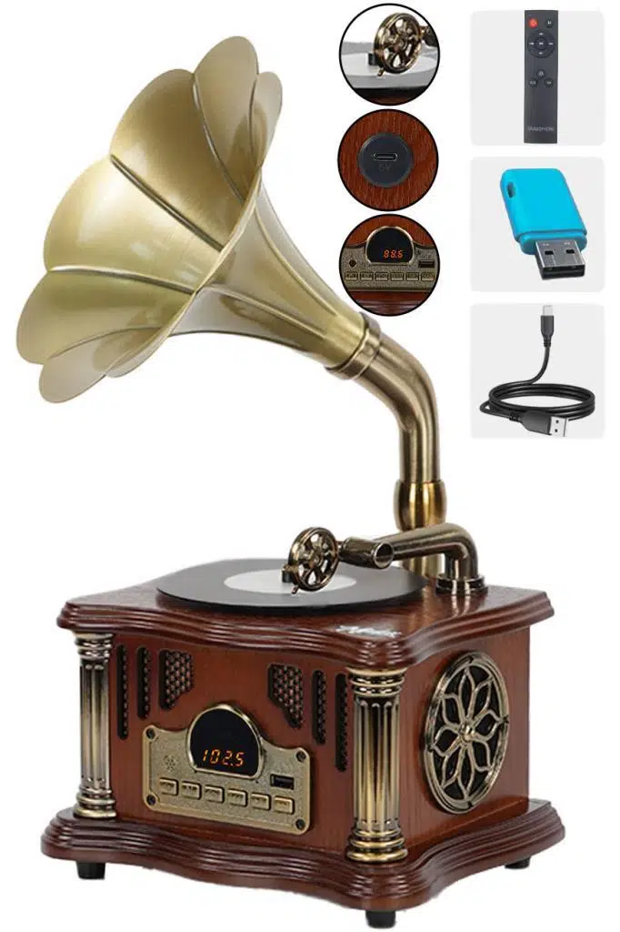 Midex GR-26BN FM Radyolu Nostaljik Gramofon Görünümlü Müzik Kutusu Bluetooth Hoparlör