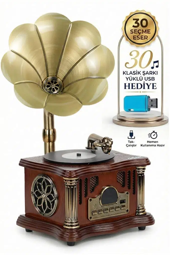 Midex GR-26BN FM Radyolu Nostaljik Gramofon Görünümlü Müzik Kutusu Bluetooth Hoparlör