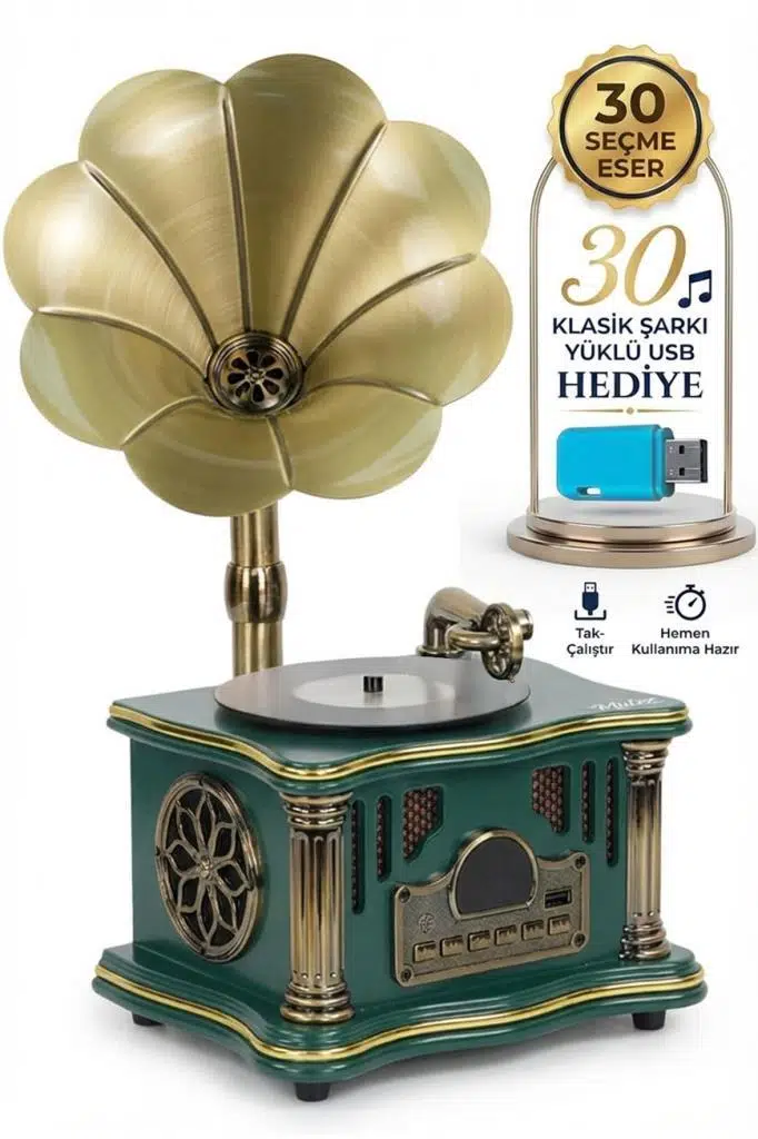 Midex GR-26GRN FM Radyolu Nostaljik Gramofon Görünümlü Müzik Kutusu Bluetooth Hoparlör