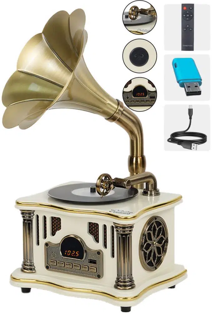 Midex GR-26WH FM Radyolu Nostaljik Gramofon Görünümlü Müzik Kutusu Bluetooth Hoparlör