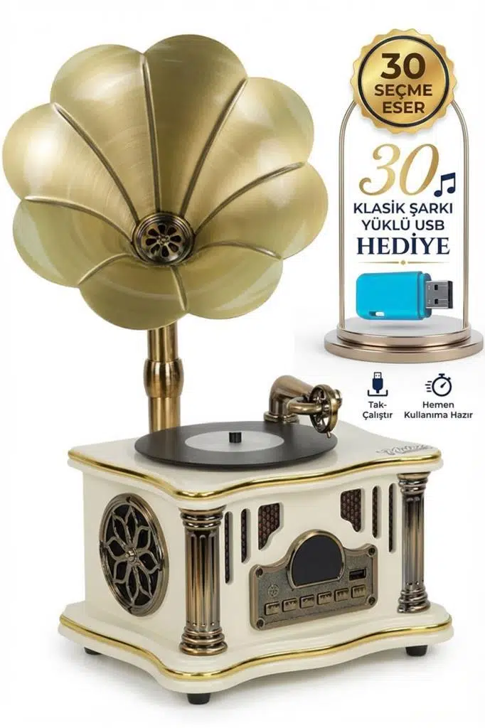 Midex GR-26WH FM Radyolu Nostaljik Gramofon Görünümlü Müzik Kutusu Bluetooth Hoparlör