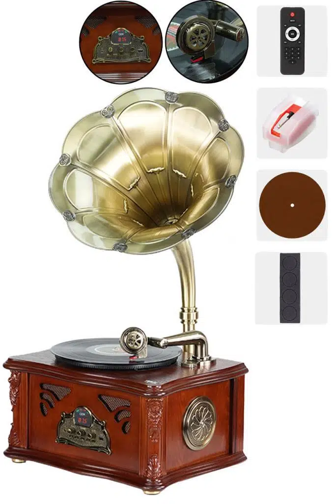 GR-50 (2026 versiyon) Nostaljik Dev Gramofon Bluetooth USB Plak Çalar Pikap FM Radyo MP3