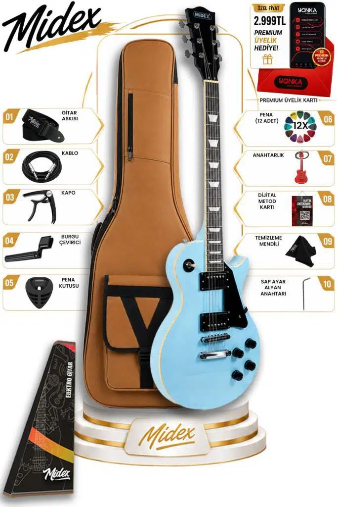 Midex GRX-200LTB Profesyonel Les Paul Kasa HH Elektro Gitar Seti Turkuaz