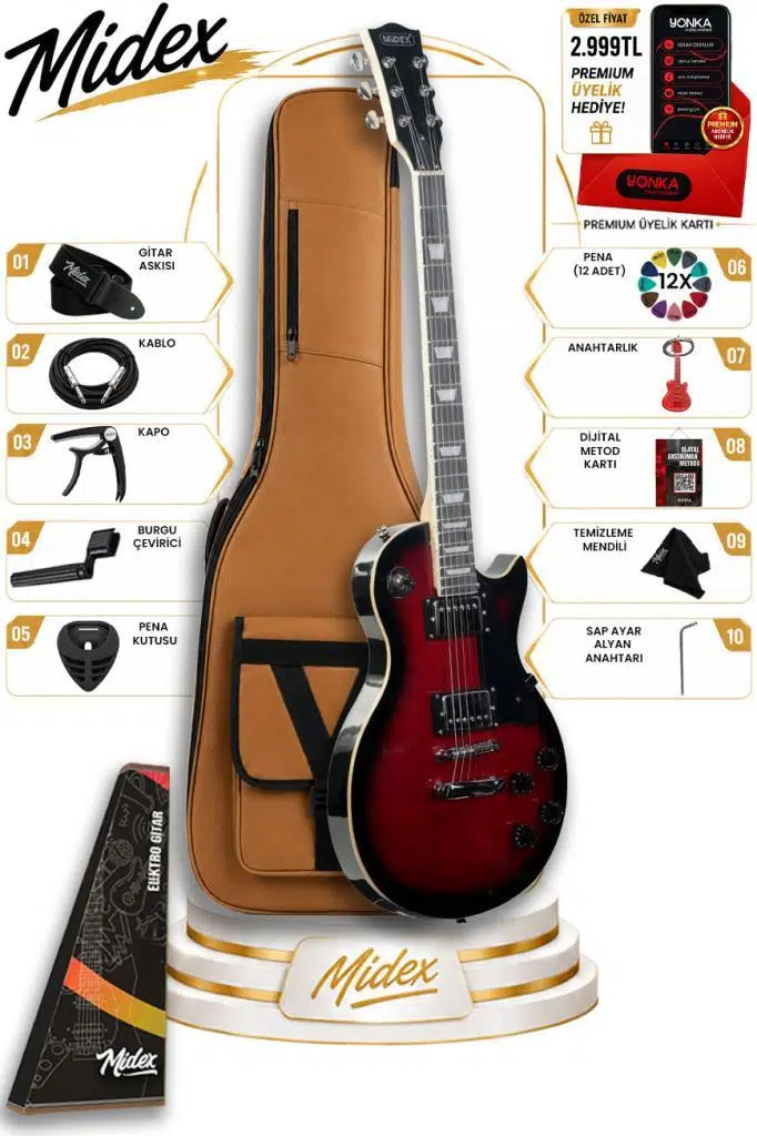 Midex GRX-200RDS Profesyonel Les Paul Kasa HH Elektro Gitar Seti Kırmızı Sunburs