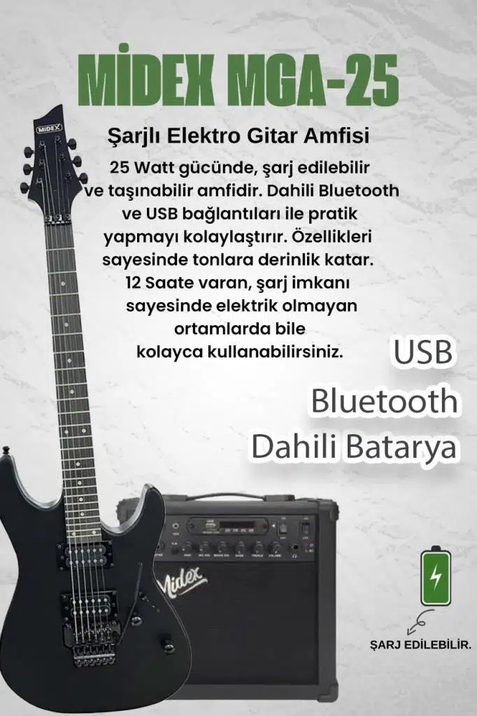 Midex GRX-300-25-AMP Profesyonel Elektro Gitar Seti 25 Watt Gainli Şarjlı Bluetooth'lu Amfi ve Full Set
