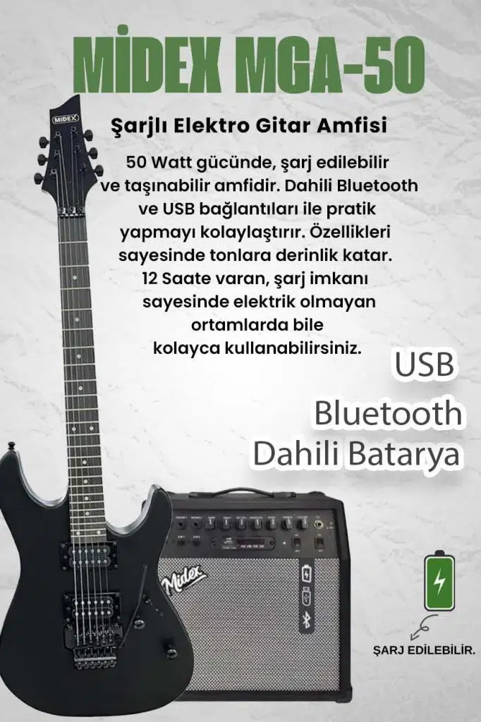 Midex GRX-300-50-AMP Profesyonel Elektro Gitar Seti 50 Watt Gainli Şarjlı Bluetooth'lu Amfi ve Full Set