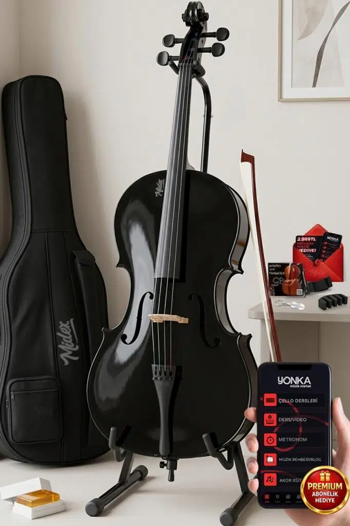 Midex GT-124BK-PAK Profesyonel Üst Kalite Siyah Çello Viyolonsel Full Set