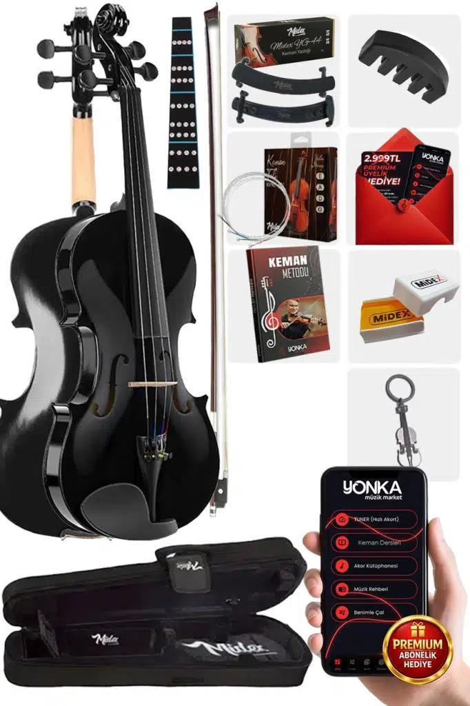 Midex HGA24BK-TYS Siyah 1/2 Yarım Keman Seti 8-10 Yaş Çocuk Kemanı (Yastık Reçine Çanta Tel Susturucu Yay Metod)