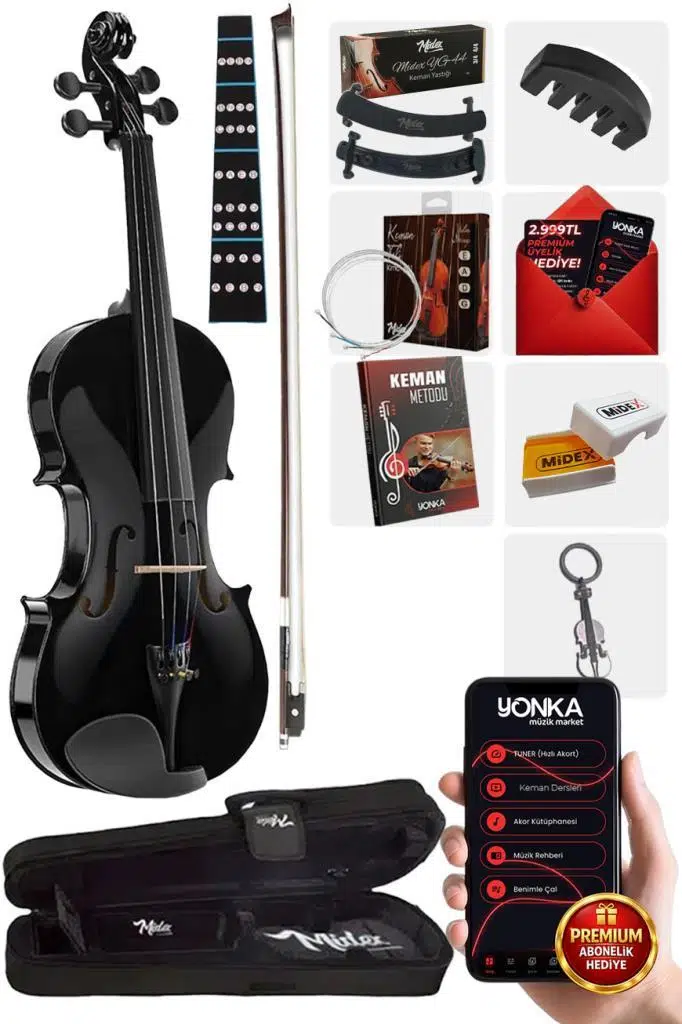 Midex HGA34BK-TYS Siyah 3/4 Keman Seti 10-13 Yaş Çocuk Kemanı (Yastık Reçine Çanta Tel Susturucu Yay Metod)